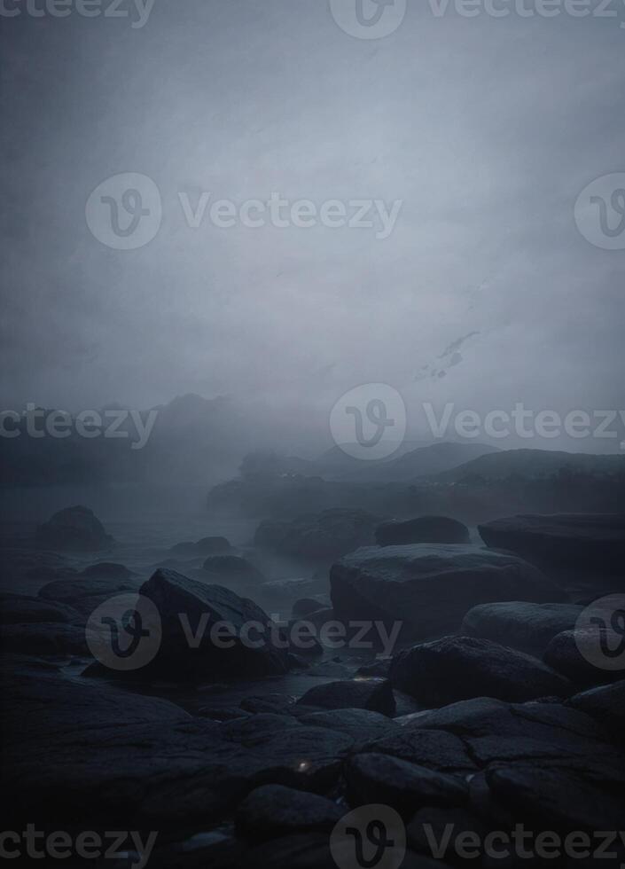 a dark and foggy scene with rocks and water. Misty Coastline photo
