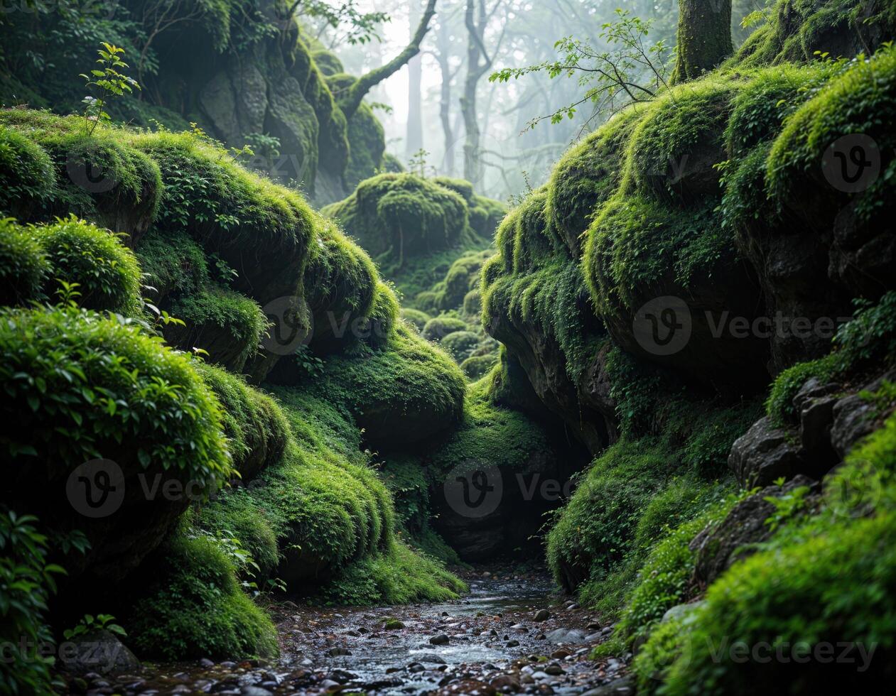Mossy rocks in the forest with a stream flowing through it. Enchanted Mossy Forest photo