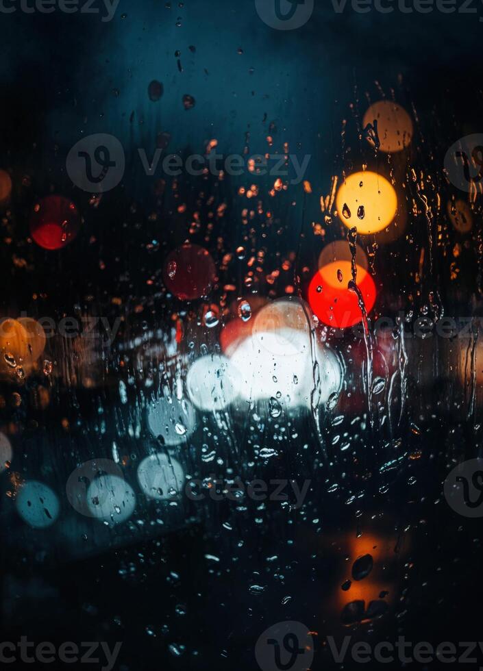 rain drops on the window, abstract background with bokeh lights. Rainy City Night photo