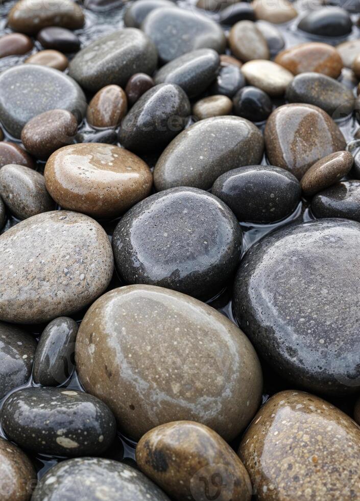 a close up of a bunch of rocks on the ground. Wet Smooth Stones photo