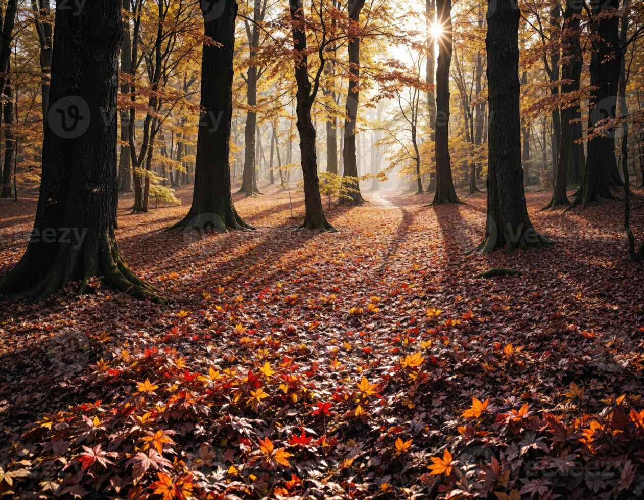 Autumn forest with sunbeams and fallen leaves. Nature background. Autumn Forest Path photo