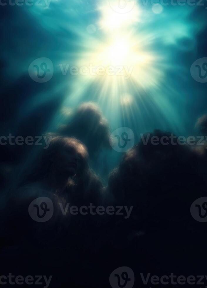 Clouds in the blue sky with sun rays and lens flare. Oceanic Sunlight photo