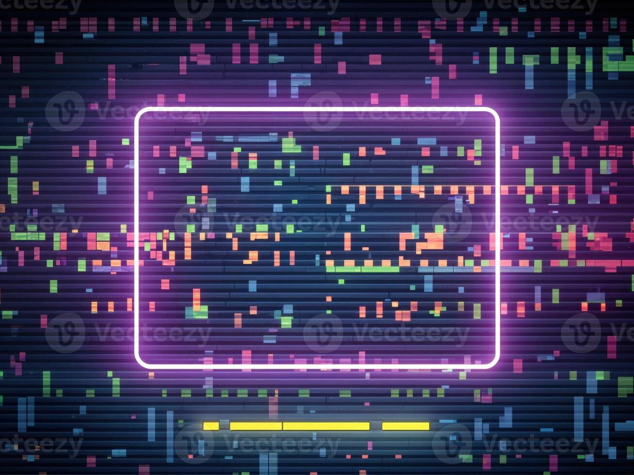 Abstract background with neon lights and square frame. Retro Neon Glitch Frame photo