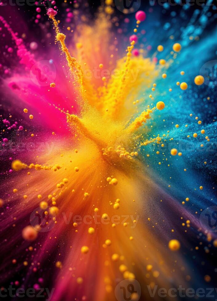 Explosion of colored powder, isolated on black background. Abstract background. Colorful Powder Explosion photo