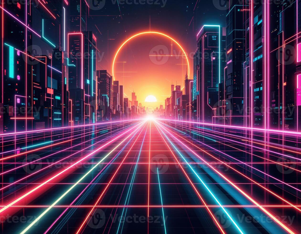 Futuristic city with neon lights and road. 3d rendering. Cyberpunk Sunset City photo
