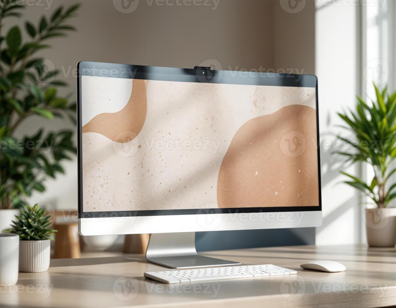 Close up of modern desktop with blank computer screen, keyboard and other items. Mock up. Modern Home Workspace photo