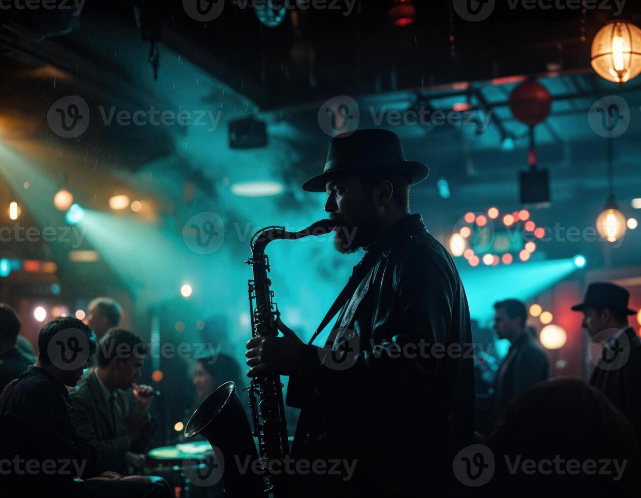 Musician playing saxophone on the stage at night club. Saxophone Player in a Club photo