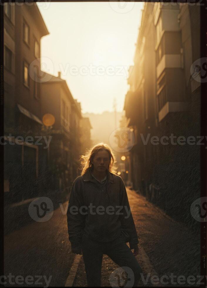A young man in a jacket walks along a city street at sunset. Golden Hour Stroll photo