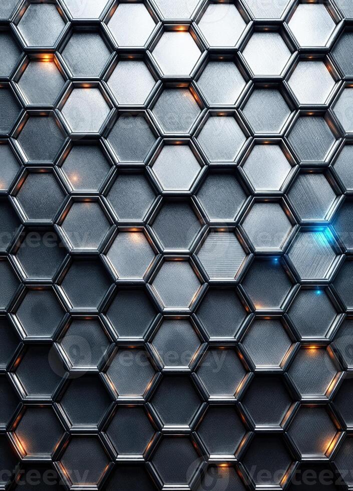3D rendering of abstract metallic background with hexagons and light effects. Metallic Hexagon Grid photo