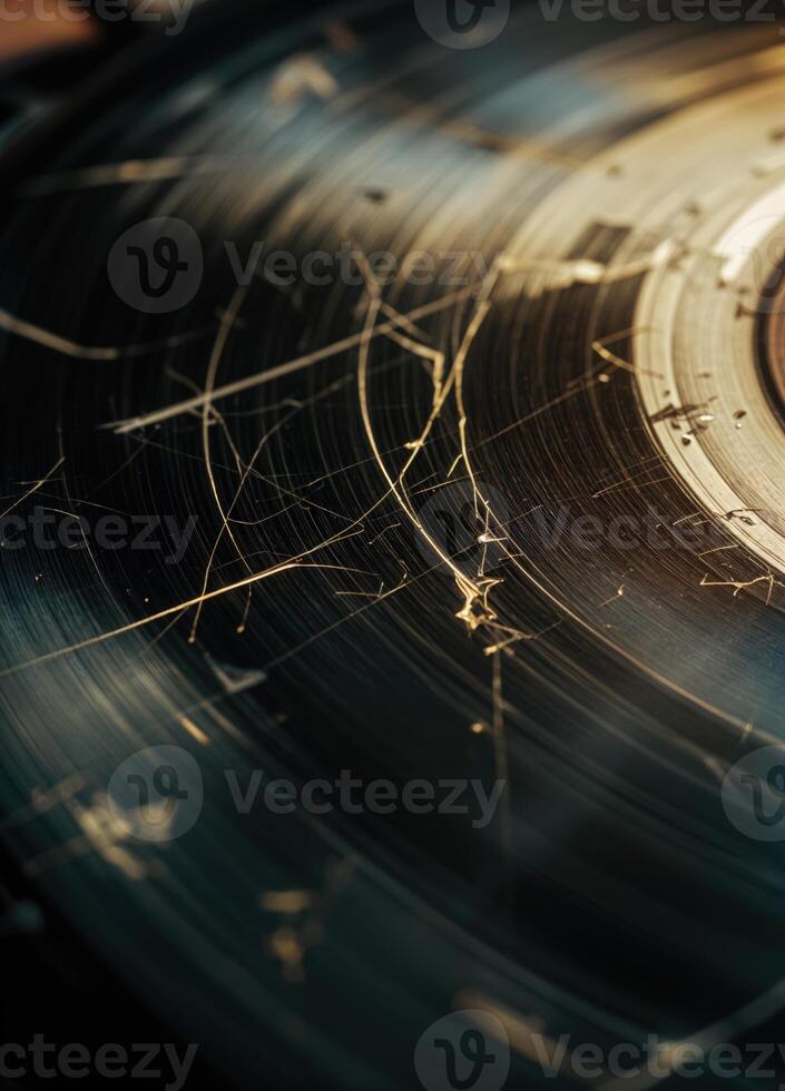 Old vinyl record with scratches and cracks. Shallow depth of field. Damaged Vinyl Record photo