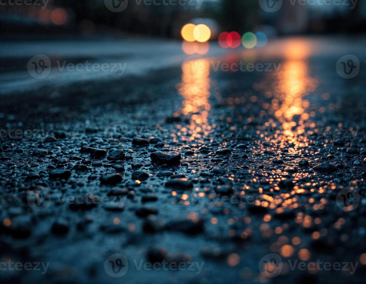 Raindrops on the asphalt. Blurred background. Shallow depth of field. Rainy Night Street photo
