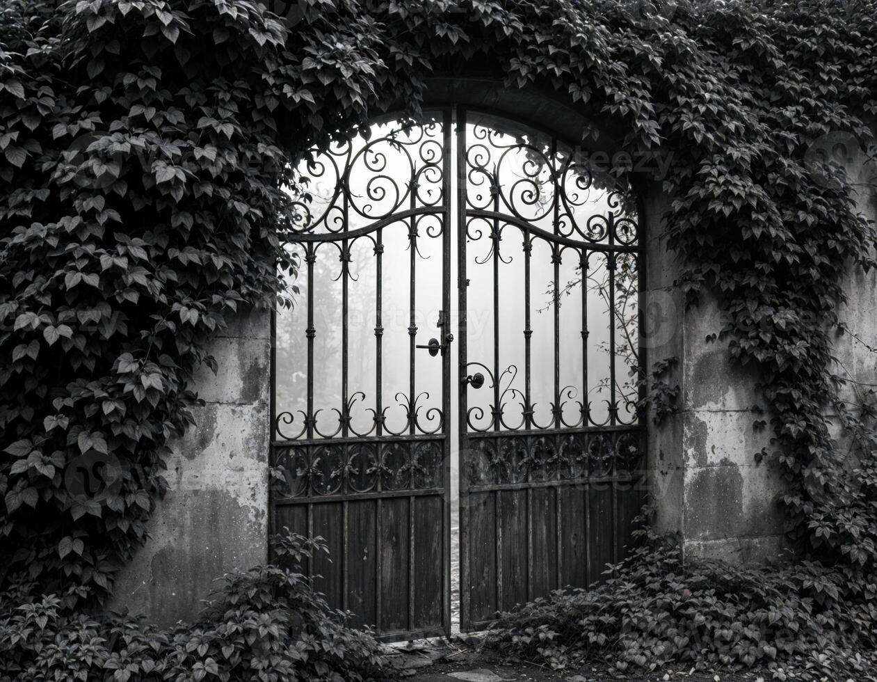 Black and white photo of a wrought iron gate surrounded by ivy. Overgrown Iron Gate