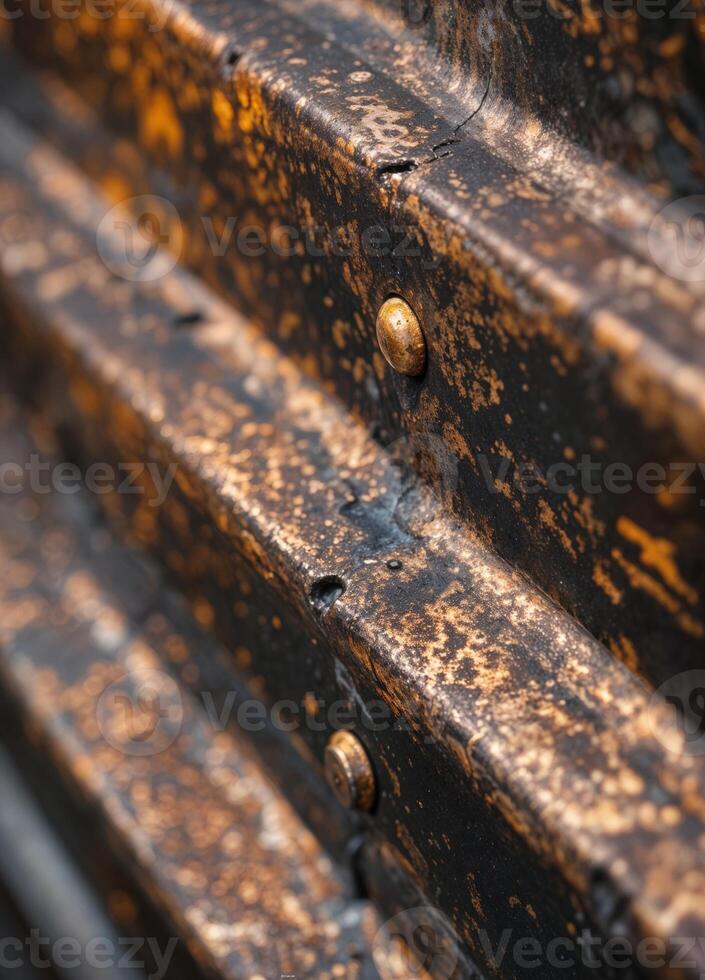 Close up of an old wooden door with rusty iron door handle. Rusty Corrugated Metal Texture photo