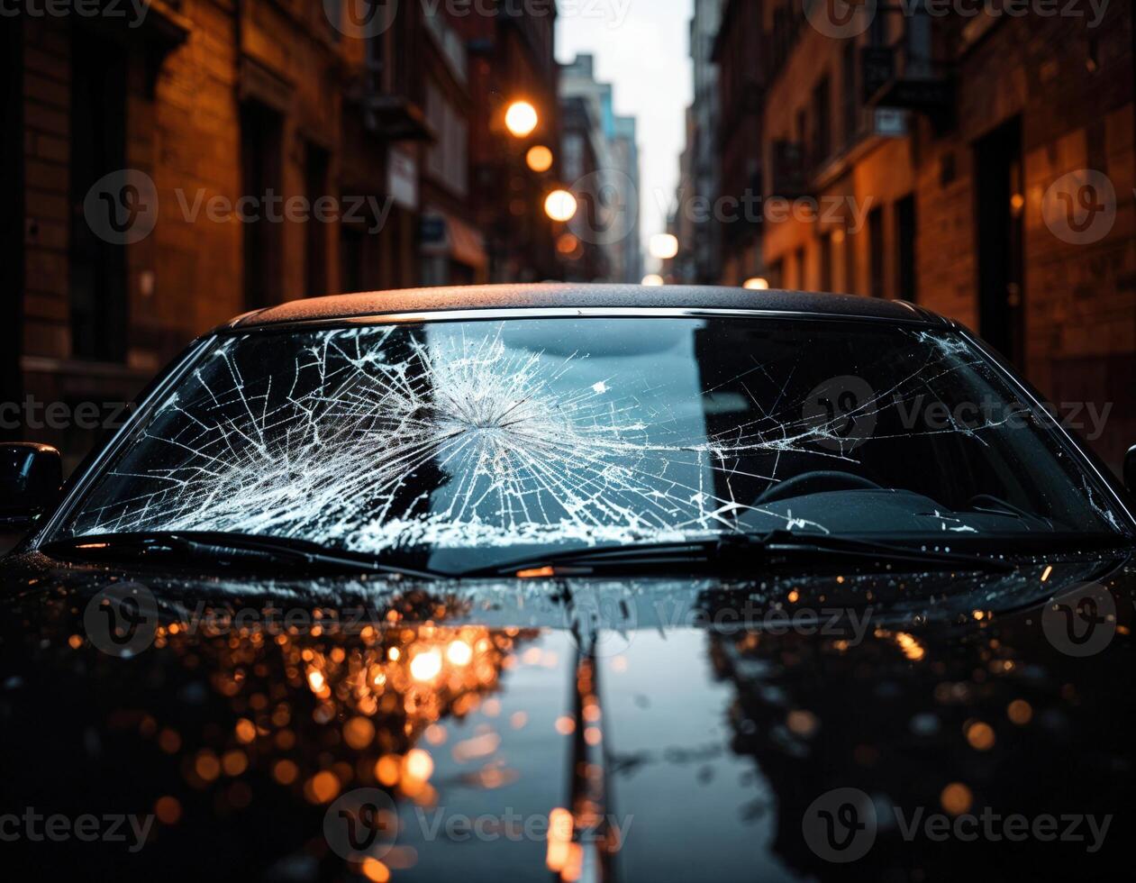 Car windshield with broken glass at night. Accident in the city. Shattered Windshield photo