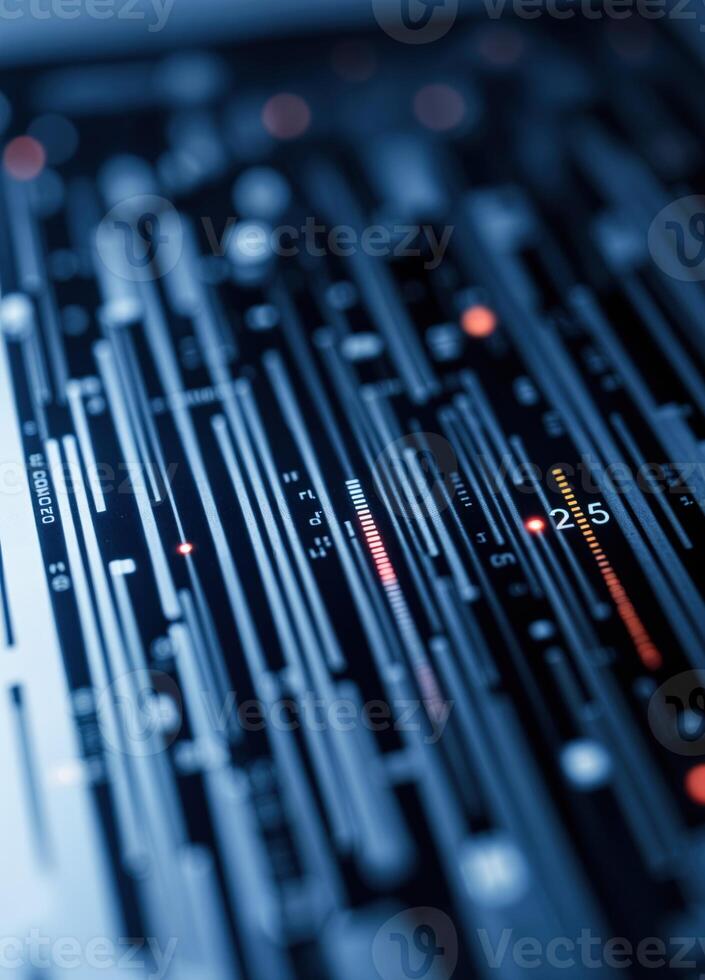 Sound mixer control panel, closeup of audio mixing console with shallow depth of field. Abstract Digital Circuit Background photo