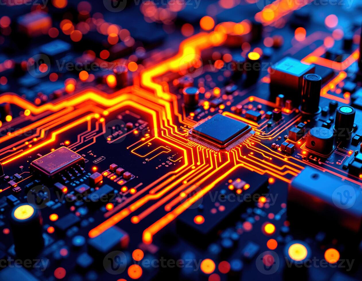 Circuit board Close Up. Electronic computer hardware technology. Motherboard digital chip. Tech science background. Integrated communication processor. photo