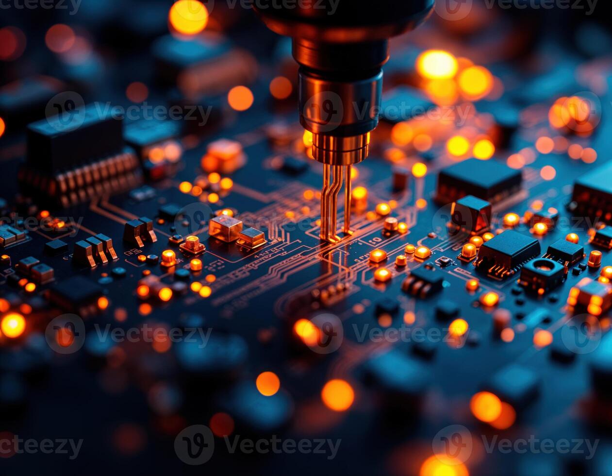 Electronic circuit board with microchips and electronic components close up. Circuit Board Manufacturing photo