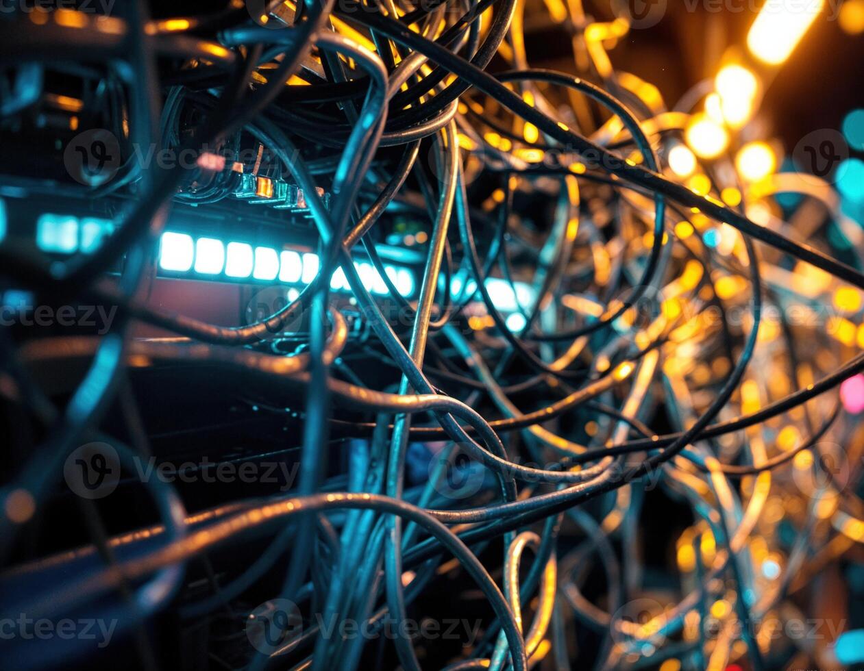 Close up of network cables in a dark room. Selective focus. Tangled Server Room Cables photo