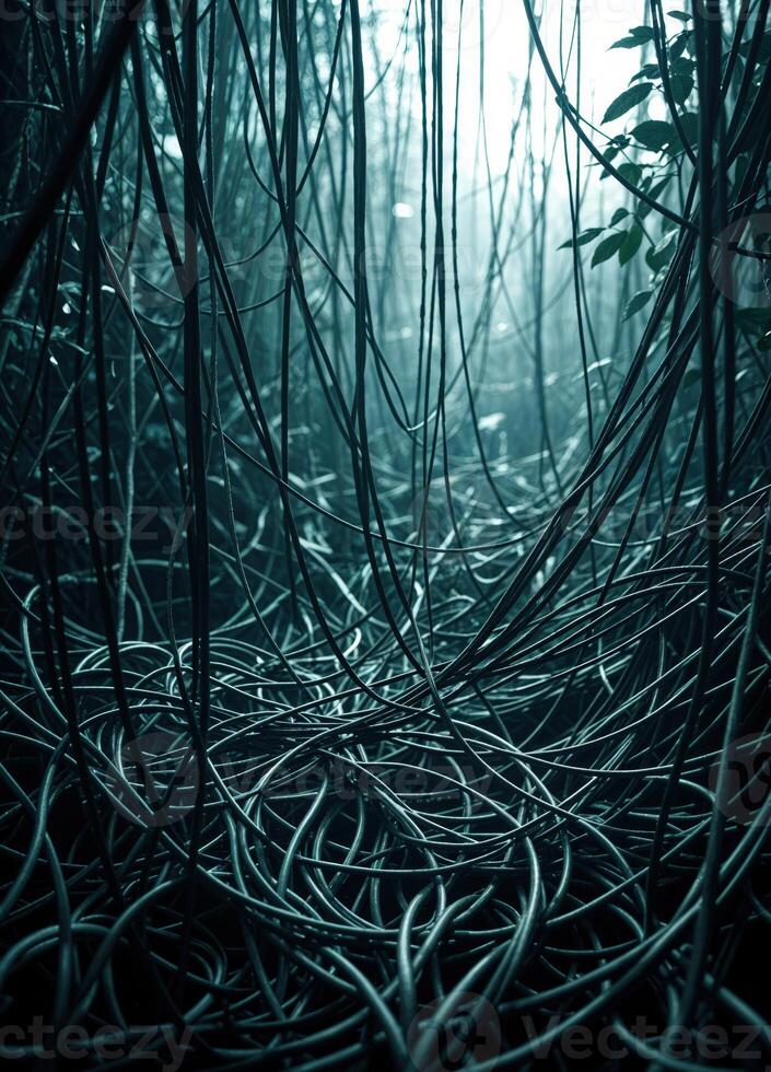 abstract background of tangled wires in the dark forest. Toned. Tangled Forest Path photo