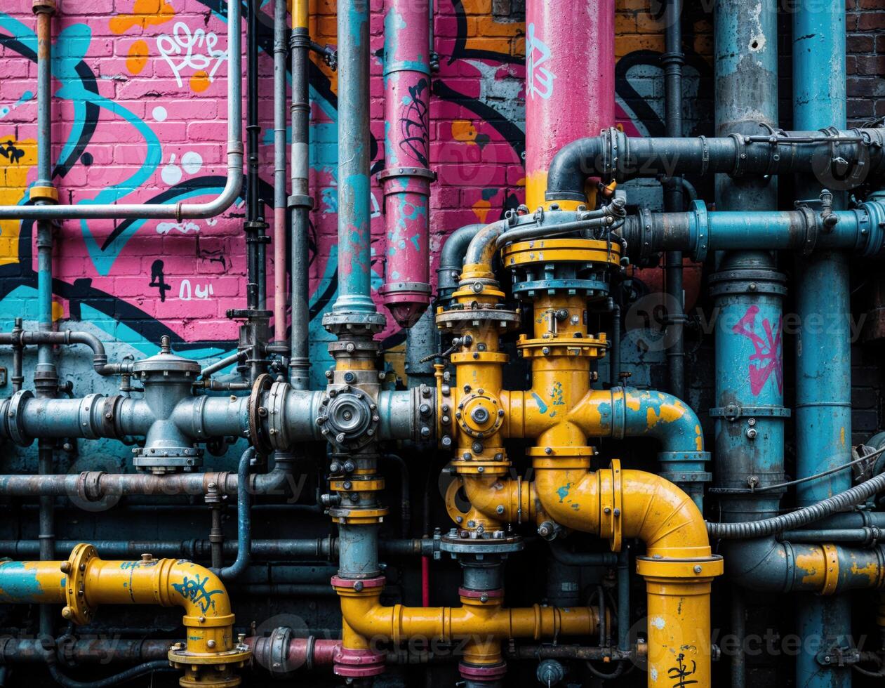 Pipes and valves with graffiti on the wall of a building. Colorful Industrial Pipes photo