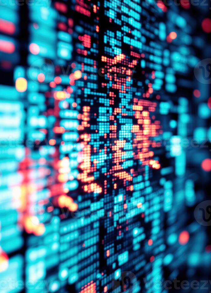 Computer screen with stock market data on display. Blurred background. Digital Matrix Code photo
