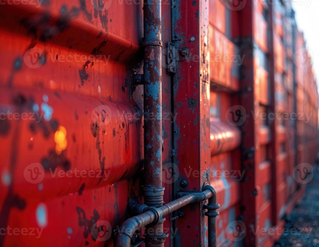 A closeup shot of a red industrial container on a train station. Rusty Red Cargo Container photo