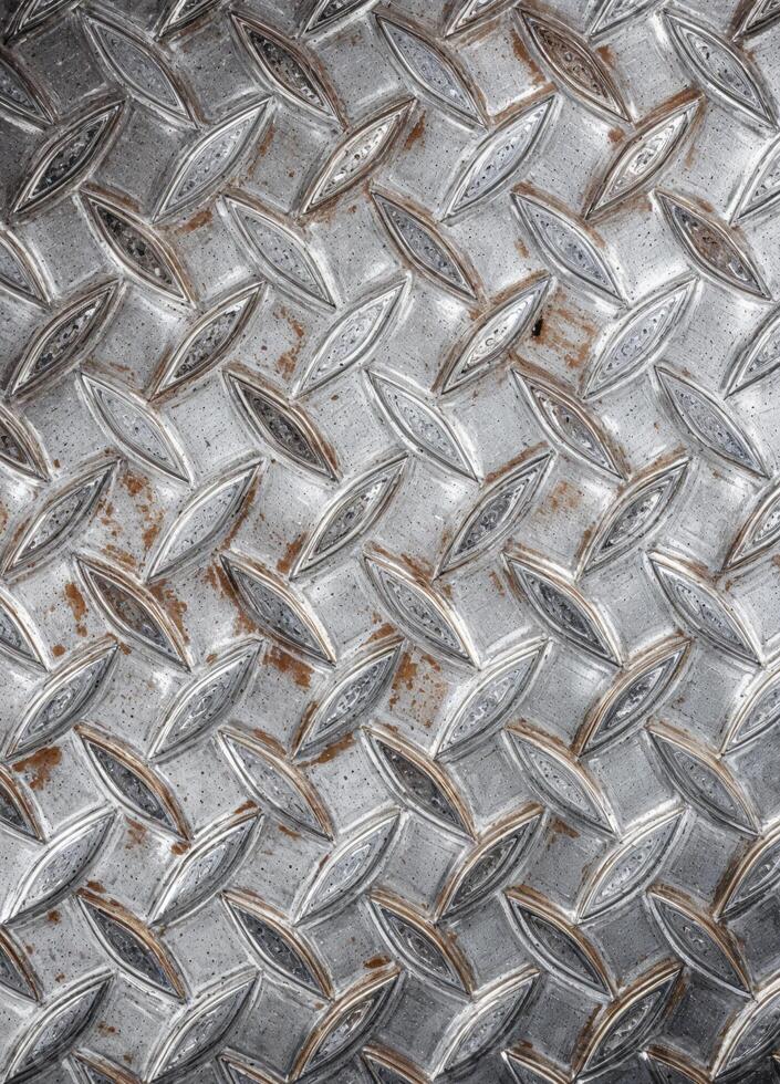 Old metal sheet with rhombus pattern, background and texture. Rusty Diamond Plate Metal photo