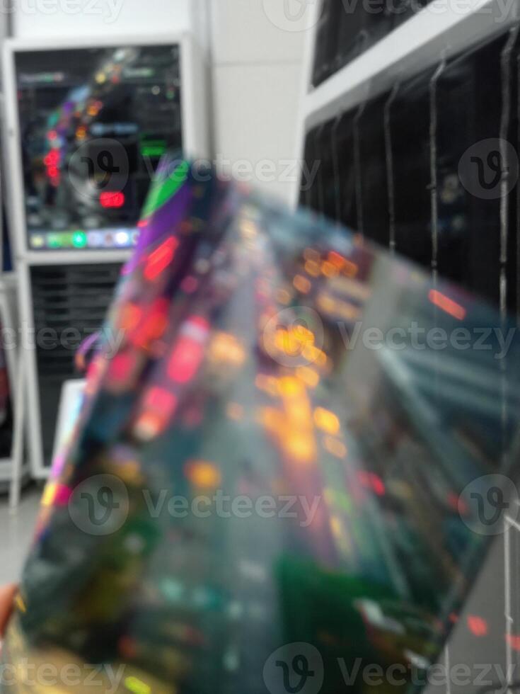Blurred background of server room in datacenter, shallow depth of field. Abstract City Lights photo