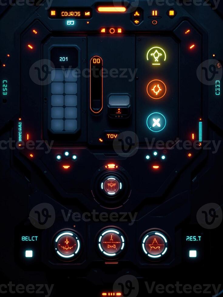 Cockpit of a spaceship with control panel and control buttons. Scifi Control Panel UI photo