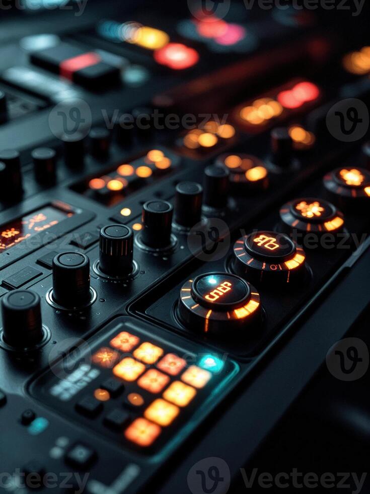 Close up of the control panel of a sound recording studio. Selective focus. Audio Mixing Console photo