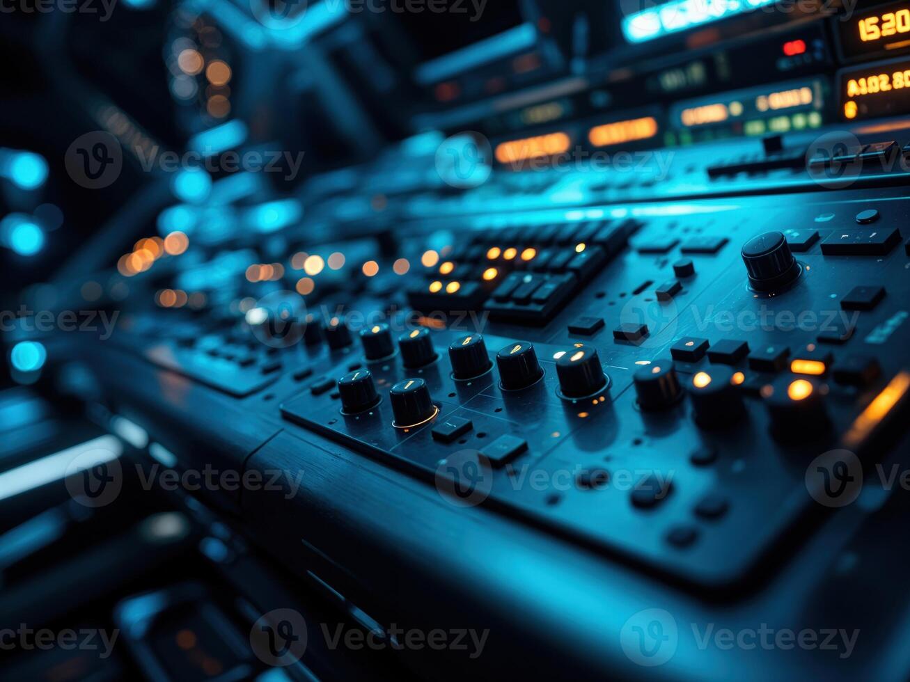 Close up of sound mixer control panel in a control room. Selective focus. Audio Mixing Console photo