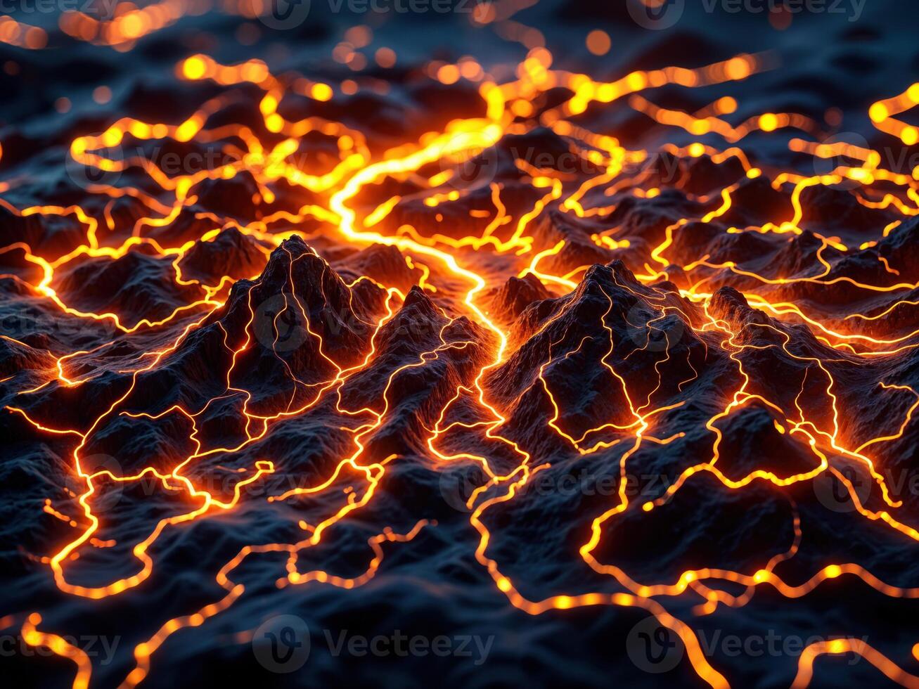 Abstract 3D illustration of a lava flow with a glowing effect. Lava Flowing Through Mountains photo