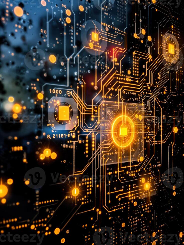 Digital background image with circuit board and electronic elements. 3d rendering. Circuit Board Technology photo