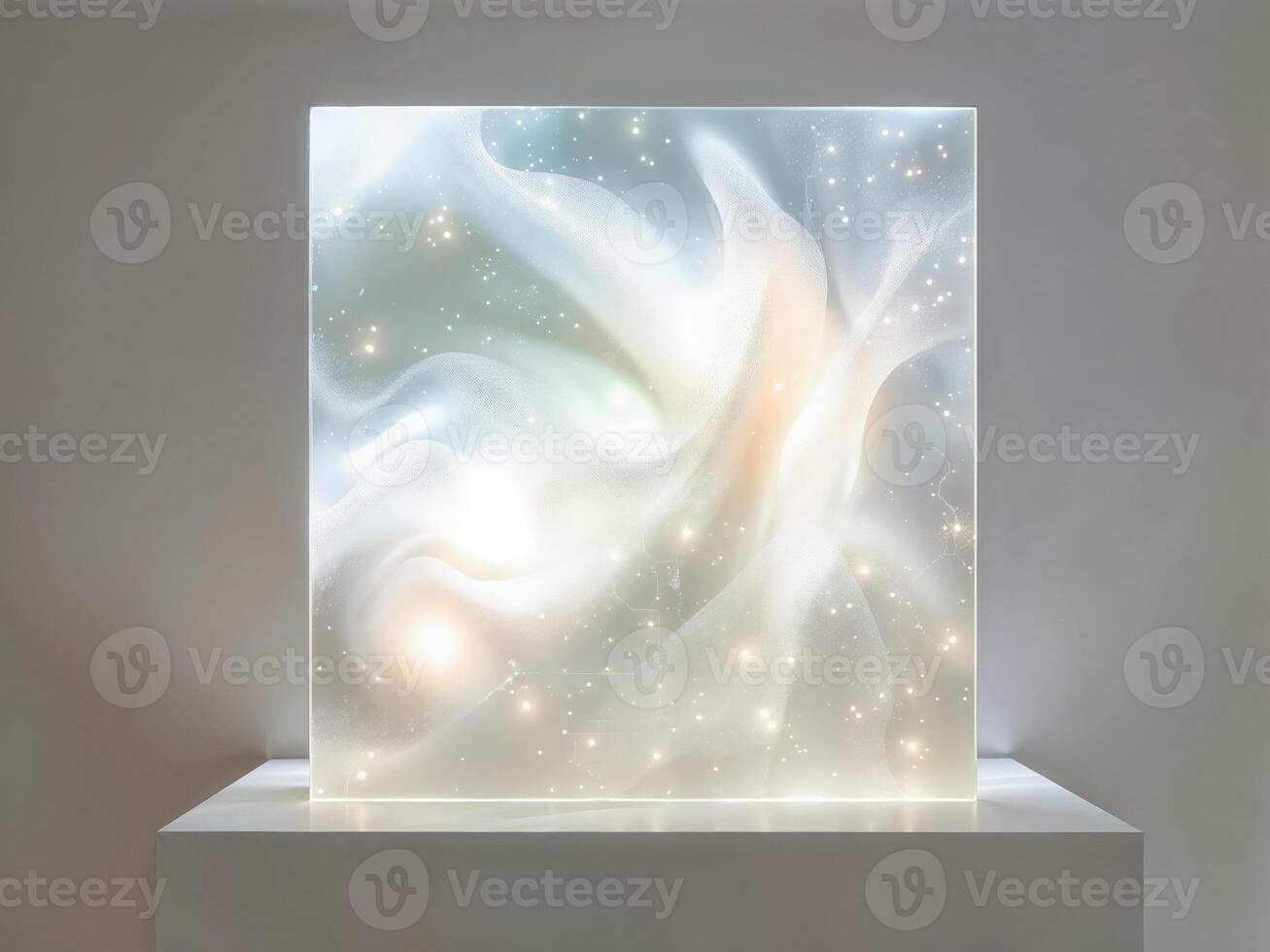 Glass showcase with abstract background, 3d render. Empty showcase for exhibit. Cosmic Flow photo