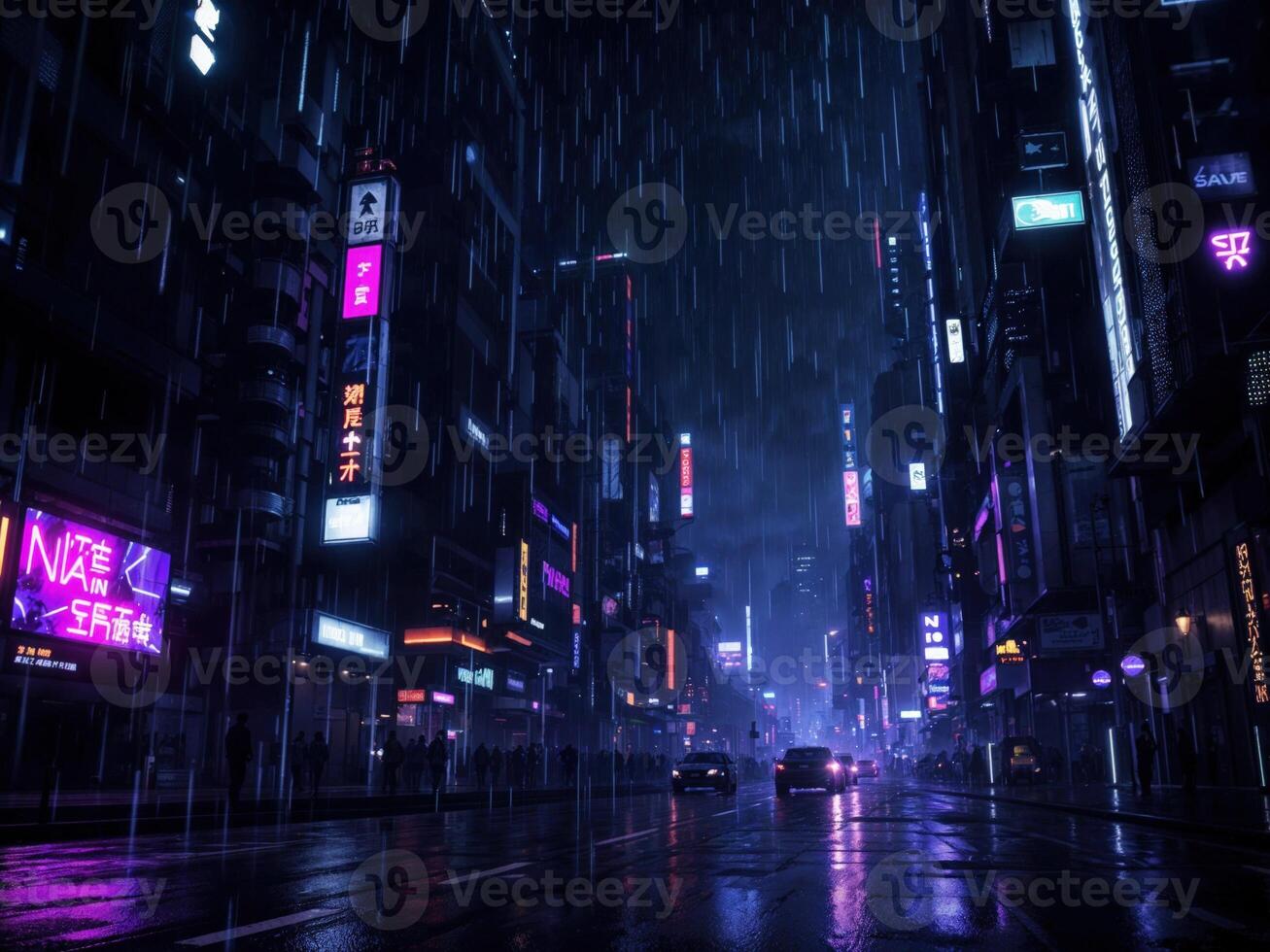 night scene of shanghai,china. 3d rendering. Cyberpunk Rain photo