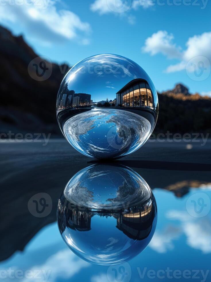 Reflection of the city in a glass ball. 3d rendering. City Reflection photo