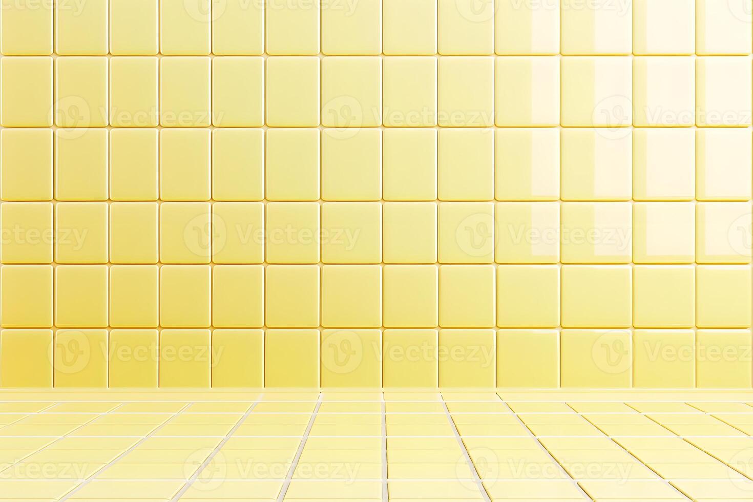 A bright yellow tiled wall and floor create a cheerful, clean environment. photo