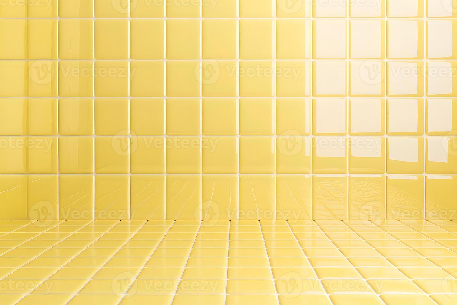 A bright yellow tiled wall and floor, creating a cheerful and clean aesthetic. photo