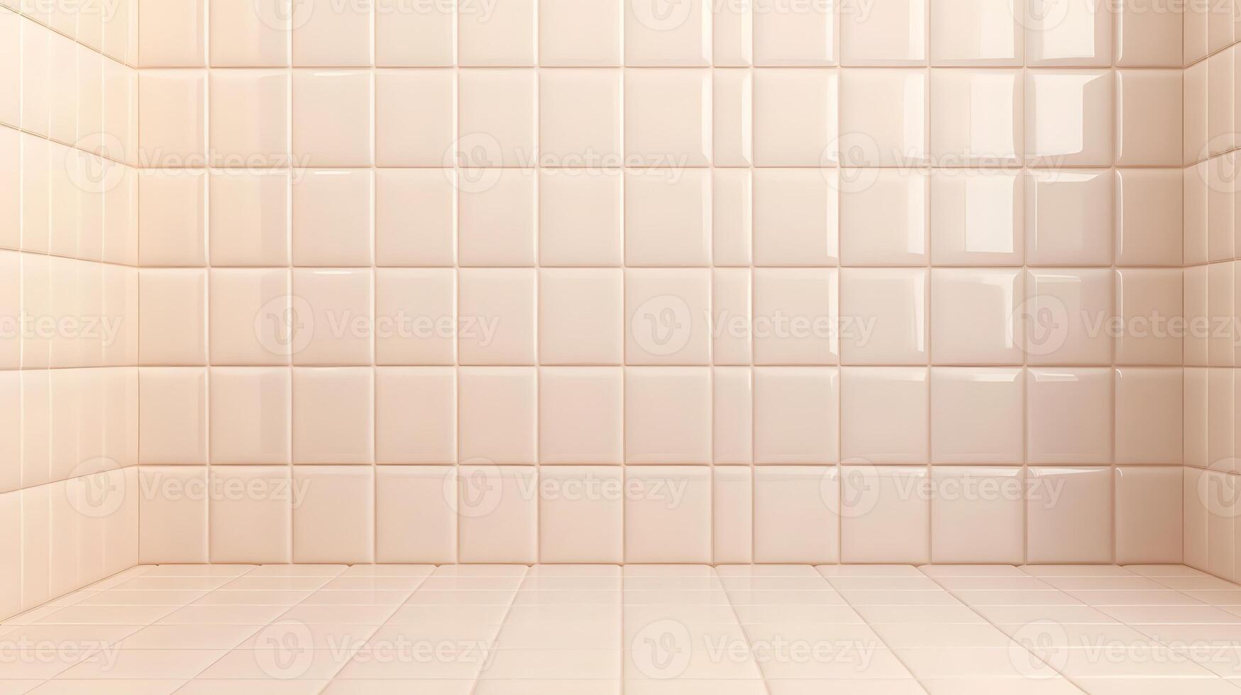 A clean, empty bathroom space with glossy beige tiles on walls and floor. photo