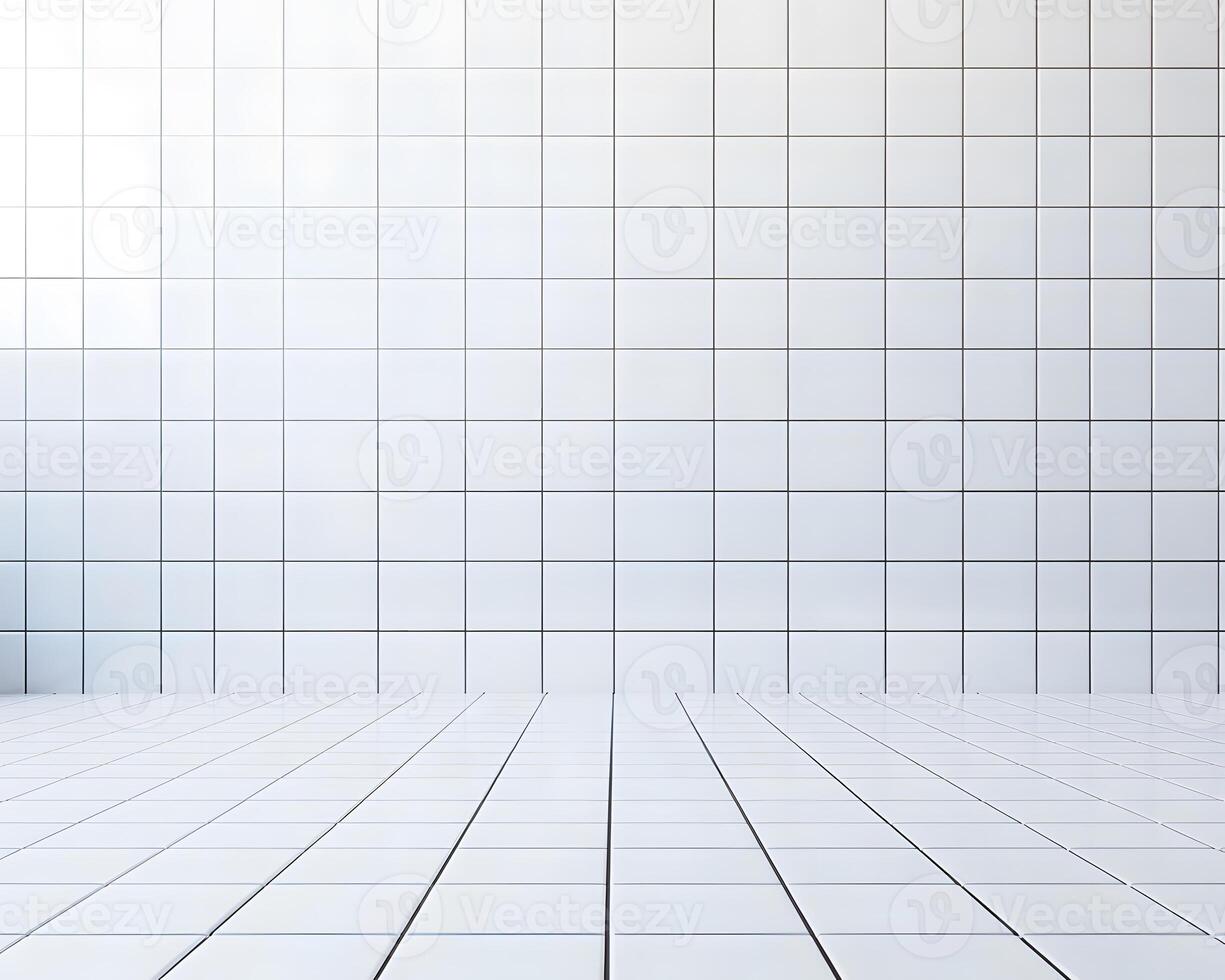 A clean, tiled interior space with white walls and floor, suitable for various uses. photo