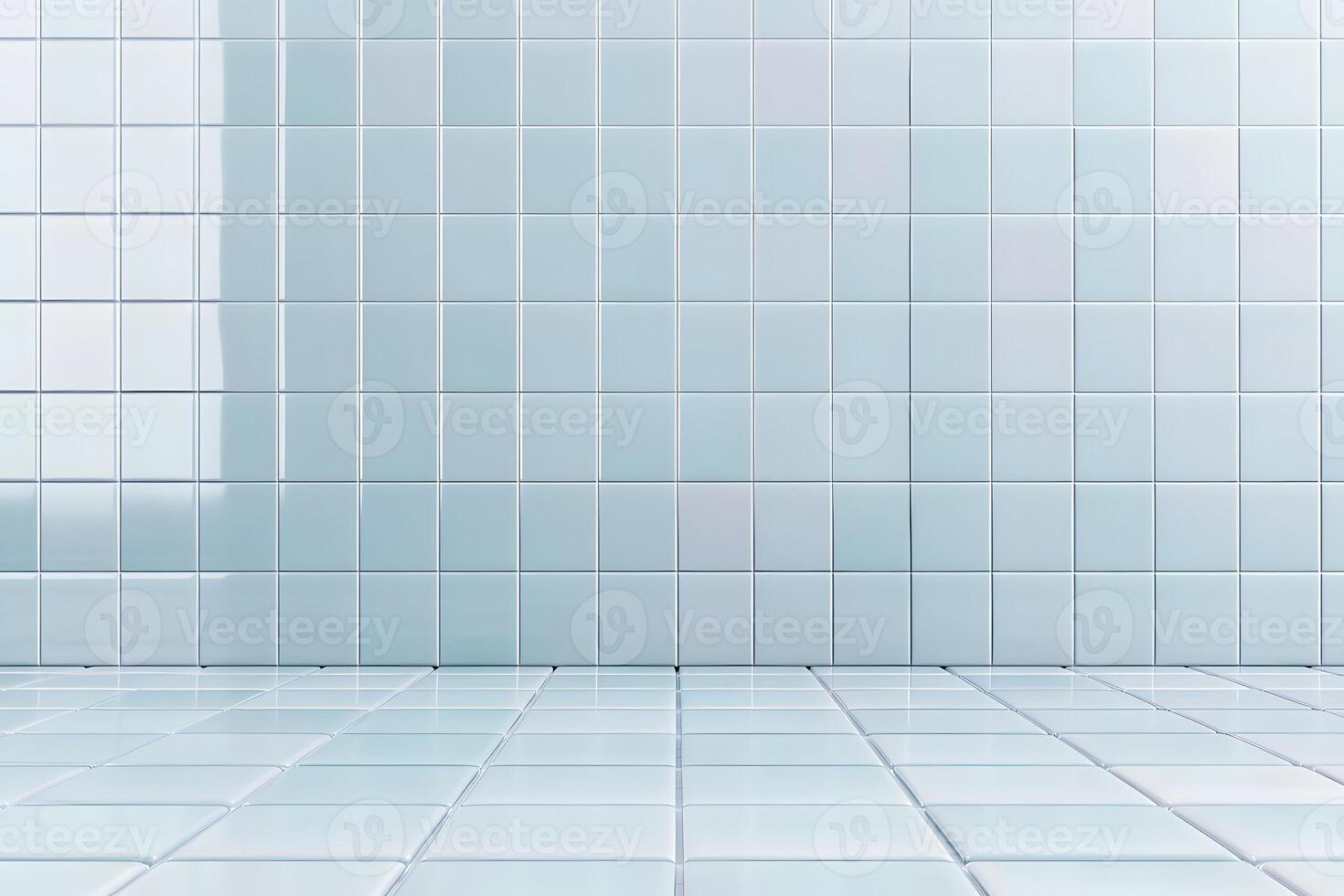 A clean, light blue tiled wall and floor create a fresh, modern aesthetic. photo