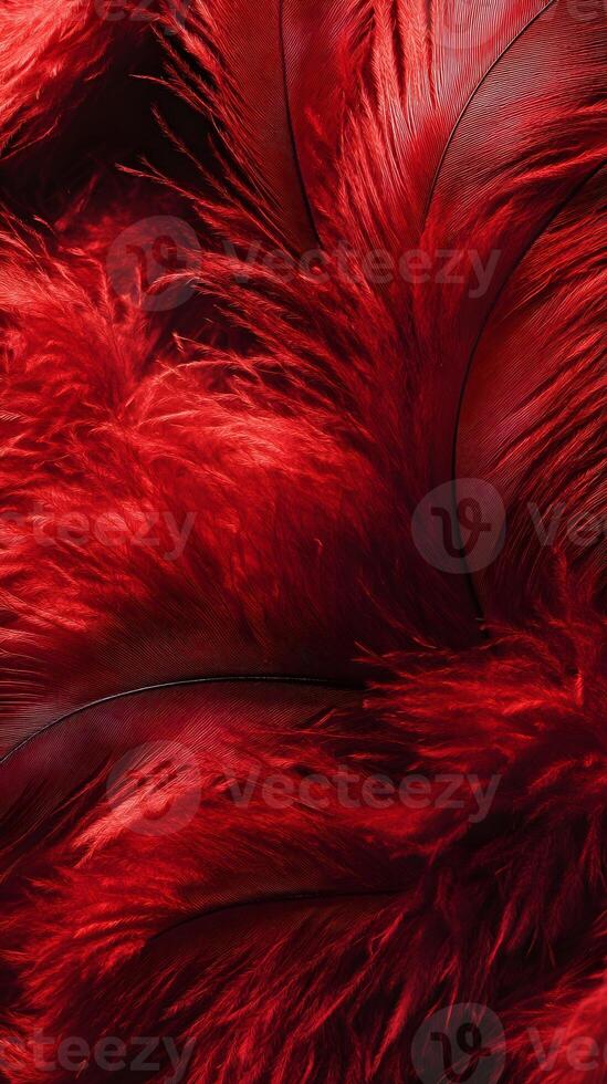 A close-up of vibrant red close-up feathers of, showcasing texture and color. photo