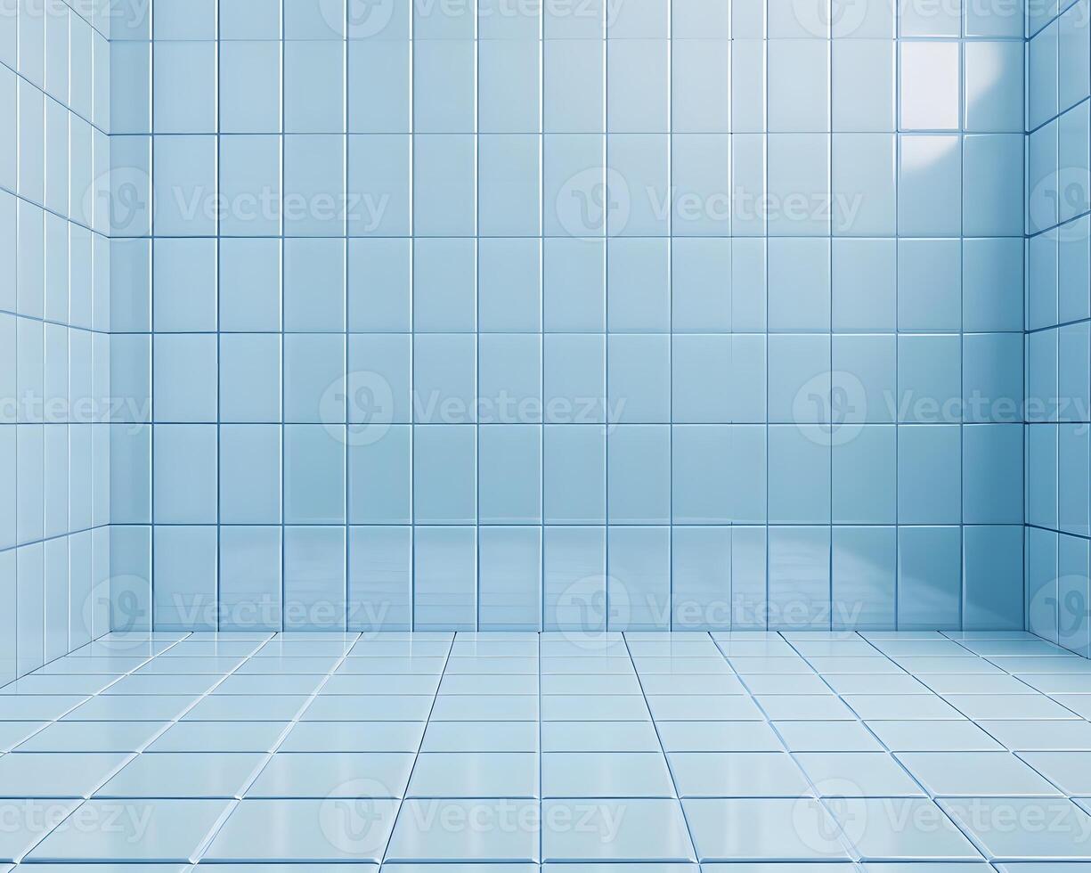 A bright, tiled room with blue walls and floor, suggesting cleanliness and simplicity. photo