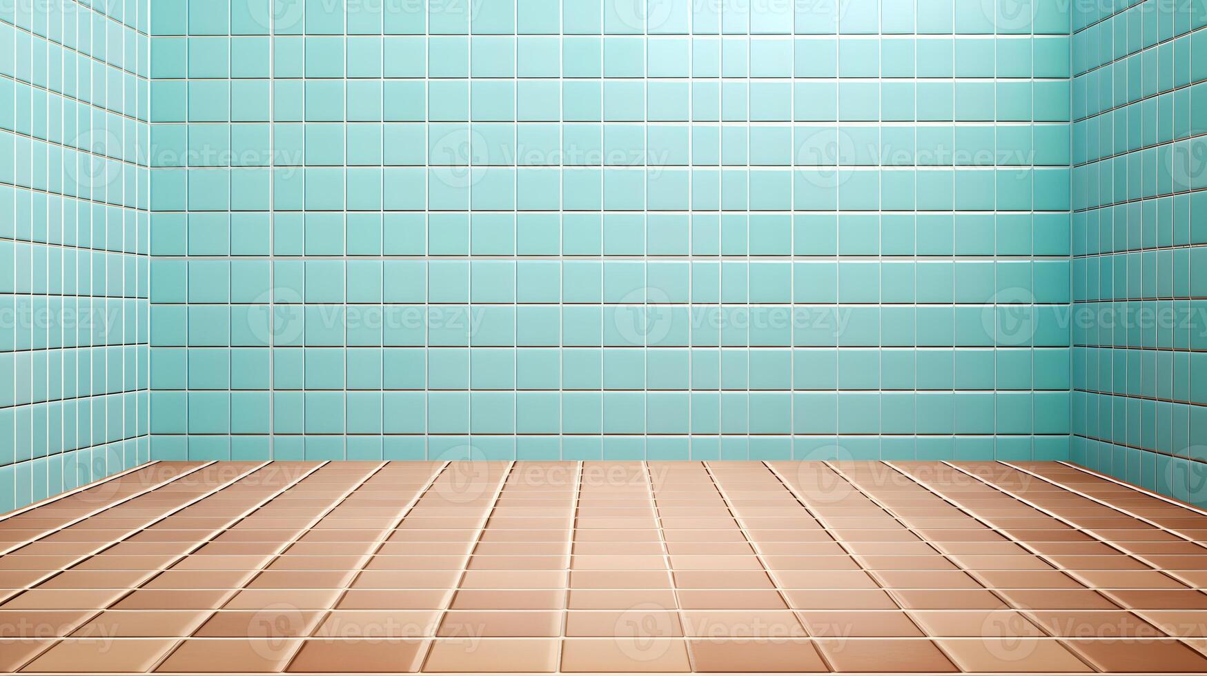 A clean, empty room with turquoise tiled walls and a wooden floor, suitable for various uses. photo