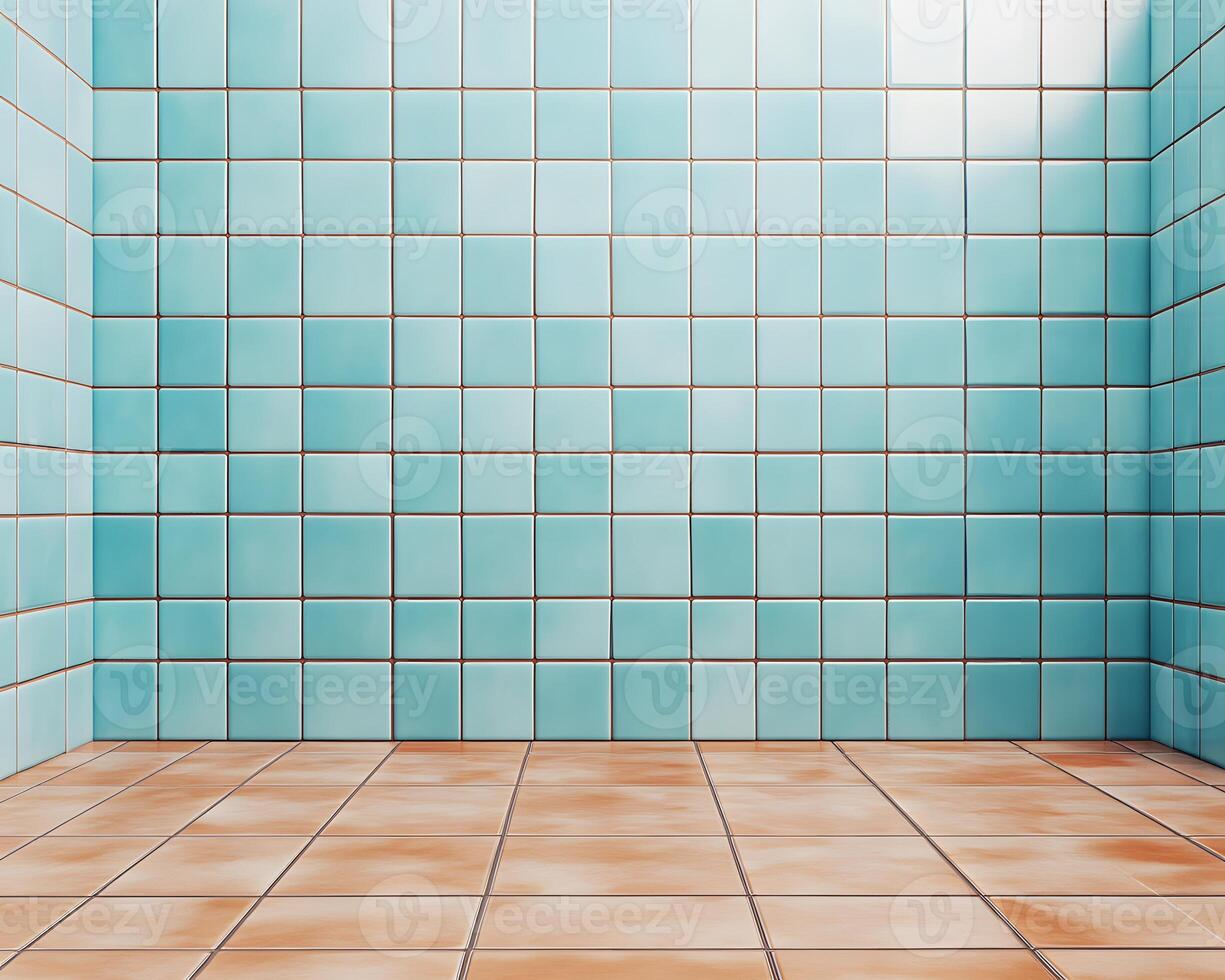 A clean, tiled room with blue walls and a brown tiled floor, suitable for various uses. photo