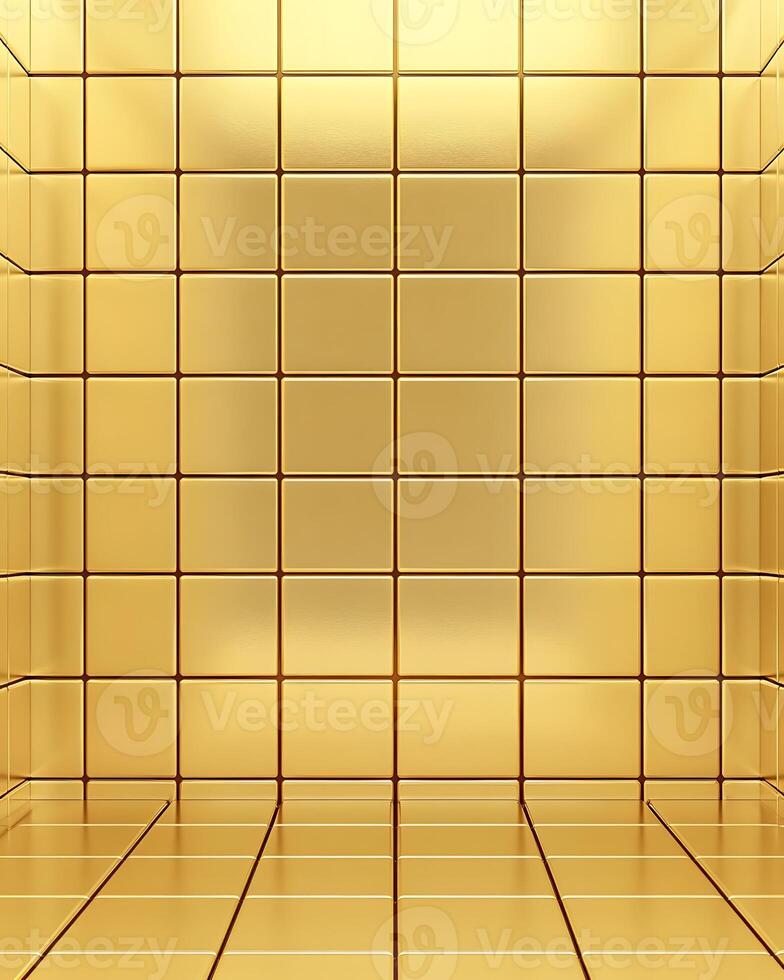 A shiny gold tiled room with reflective surfaces and a grid pattern. photo