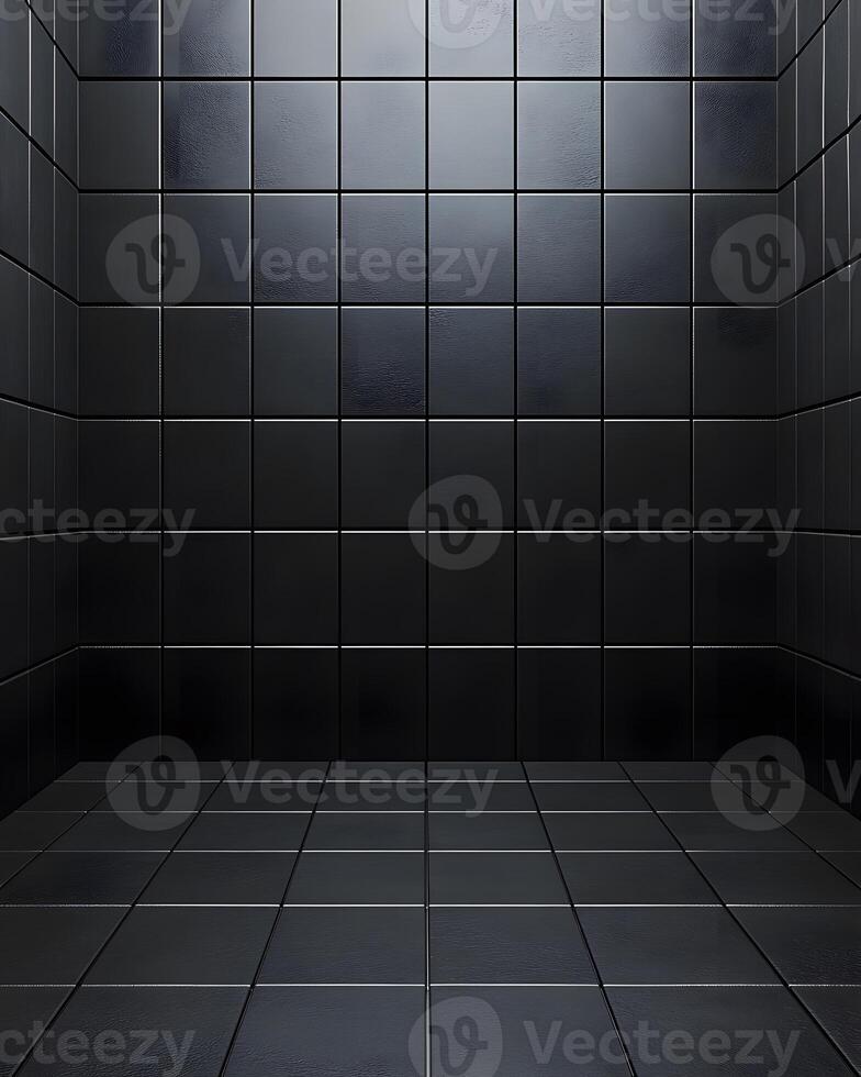 A small, enclosed space with glossy black tiled walls and floor, creating a minimalist aesthetic. photo