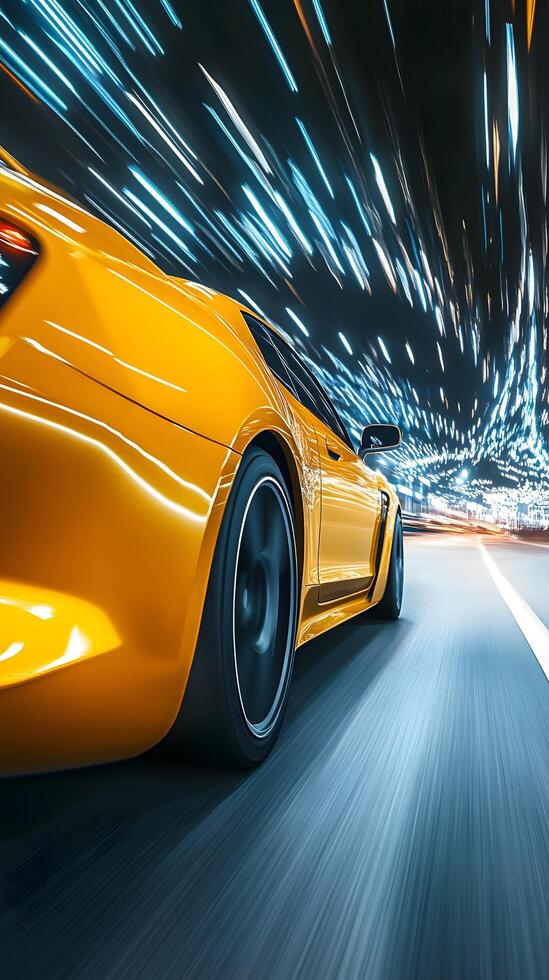 A Yellow Sports Vehicle in Motion at Night photo