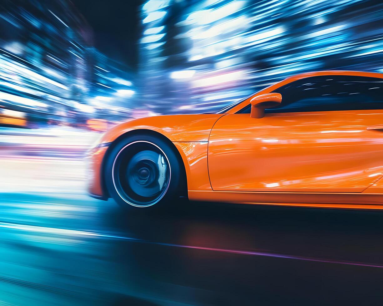 An Orange Sports Car in Motion at Night photo