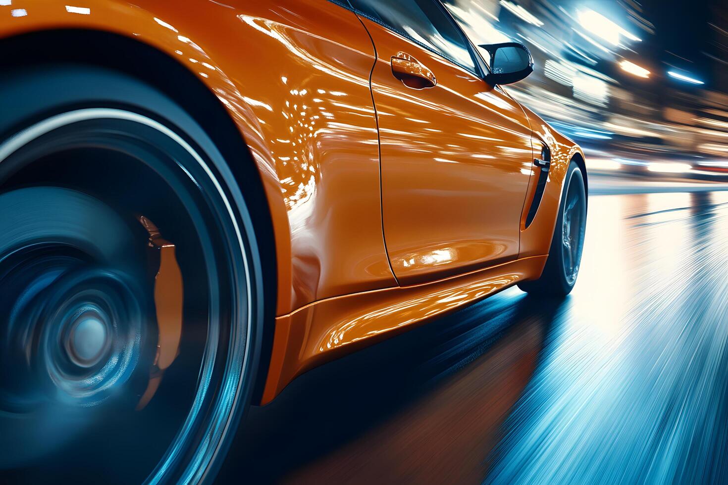 An Orange Sports Car Motion at Night photo